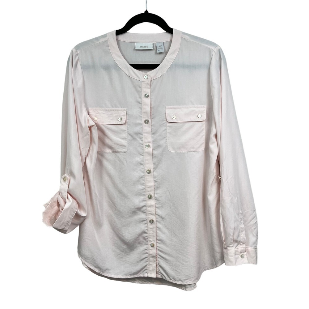 Chico's Blouse Top Collarless Long Rolled Tab Sleeves Blush Pink Women Size 1*